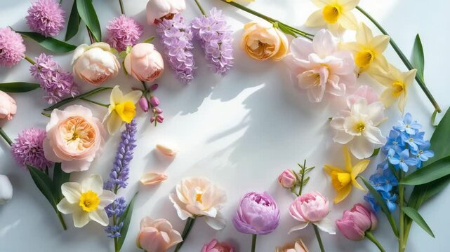 Vibrant spring bouquet featuring colorful pastel and vivid flowers arranged in a flat lay on a white background with space for text.