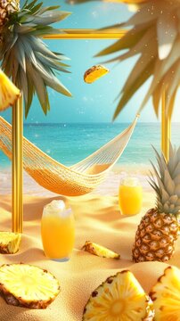 Tropical Beach Scene with Pineapples and Drinks