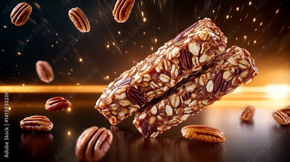 Poster two granola bars are stacked above reflective surface with pecans scattered around in a dark setting