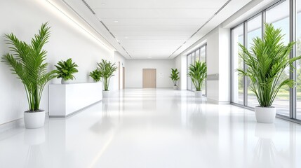 Modern minimalist white hallway interior design with plants and windows