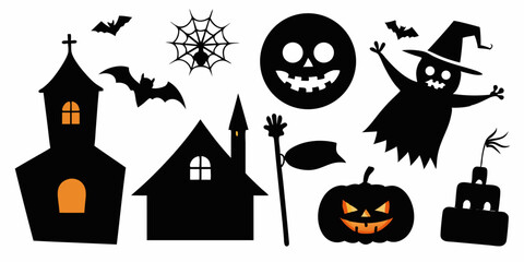 Halloween Icon Set Featuring Haunted House Bat And Spooky Designs Black And White