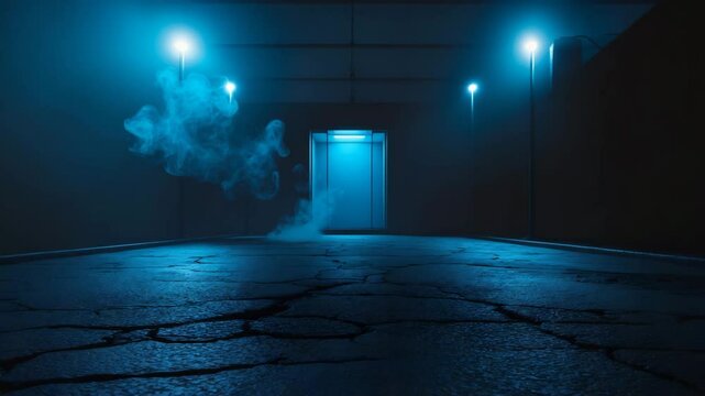 Dark deserted street with neon lights and spotlights against a dark blue background, smoke rising from the asphalt floor in a studio setting under a night sky