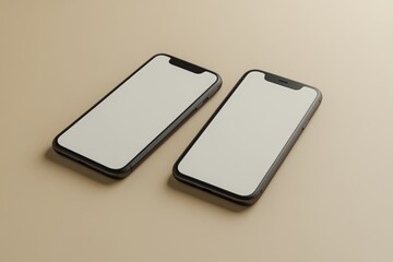 A pair of modern smartphones are positioned leaning against one another on a beige-colored background