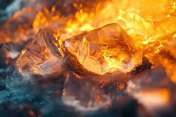 Fototapeta premium Close-up of ice crystals illuminated with warm, orange light, creating a fiery, abstract texture.