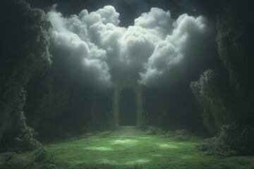 Mystical forest archway under a cloudy moonlit sky. Lush greenery surrounds a pathway leading to a dark archway