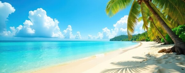 Fototapeta premium Golden sand, clear blue water, lush palm trees, sunny day, light, blue