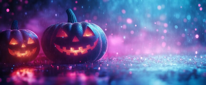 A magical and mystical setting was illuminated by spooky Halloween Jack-o'-lanterns