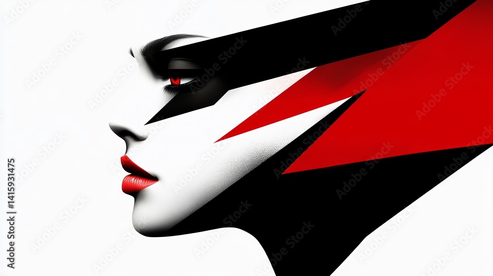 Poster woman's face appears in profile with bold red lips and geometric patterns of black and red across th