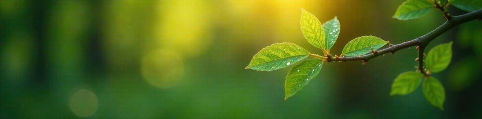 Fototapeta premium Morning dew glistens on a young tree's branches, water droplets, early morning, sunny day
