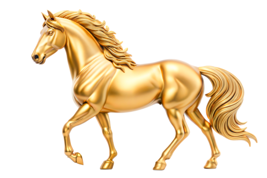 A powerful stallion galloping with a golden mane flowing in the wind, symbolizing unstoppable success, horse isolated on white background