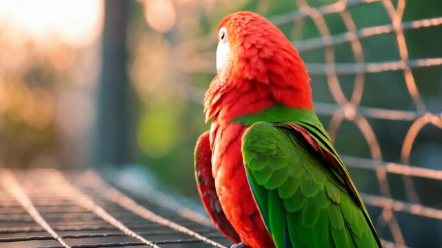 Detailed portrait of a stunning red parrot perched on a metal grid