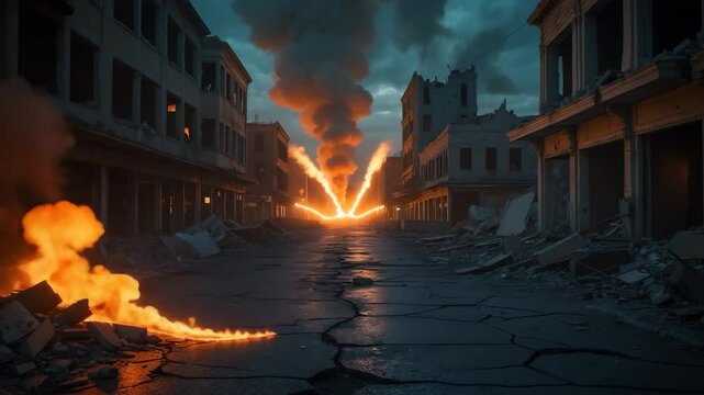 Vacant street in a devastated city with flames on the ground, blasts in the distance, and smoke rising, capturing an apocalyptic city downtown as a disaster film poster, night scene, war-damaged