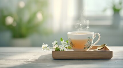 Fototapeta premium A cup of tea perched atop a wooden tray alongside a wooden spoon and potted plant