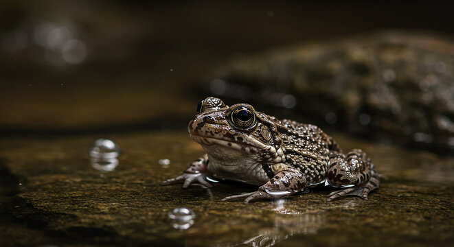 Natural, beautiful nature images a close up shot of a frog sitting in shallow water with bubbles and a dark blurred background scene nearby