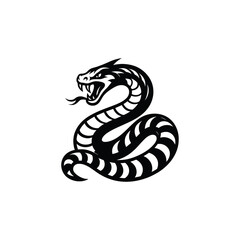 Fototapeta premium Aggressive Snake Tattoo Design - Black and White Illustration, drawn in an engraved, woodcut style with fine details sketch engraving vector illustration. Scratch board imitation. Black and white imag