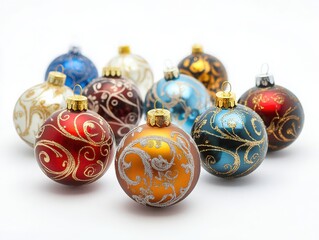 Colorful Christmas ornaments on white background