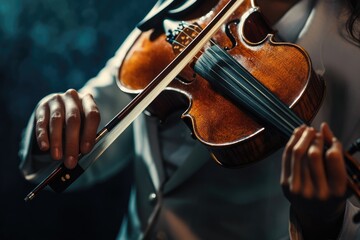 Fototapeta premium Close-up of a violinist's hands expertly playing a violin, showcasing the instrument's rich, warm tone and intricate details.