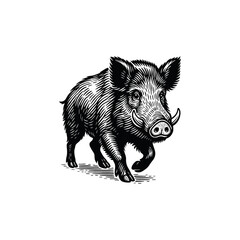Fototapeta premium Vintage Wild Boar Illustration - Black and White Line Art, drawn in an engraved, woodcut style with fine details sketch engraving vector illustration. Scratch board imitation. Black and white image