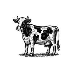 Vintage Cow Illustration - Black and White Line Art, drawn in an engraved, woodcut style with fine details sketch engraving vector illustration. Scratch board imitation. Black and white image