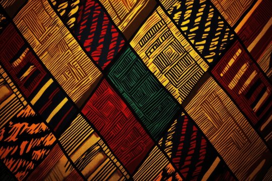 Vibrant African textile with geometric patterns in warm hues of gold, red, and green.