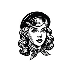 Vintage Styled Girl with Scarf and Beret - Black and White Line Art, drawn in an engraved, woodcut style with fine details sketch engraving vector illustration. Scratch board imitation. 