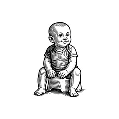 Cute Baby Sitting on Potty - Line Art Illustration, drawn in an engraved, woodcut style with fine details sketch engraving vector illustration. Scratch board imitation. Black and white image