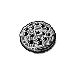 Hand-Drawn Illustration of a Chocolate Chip Cookie, drawn in an engraved, woodcut style with fine details sketch engraving vector illustration. Scratch board imitation. Black and white image