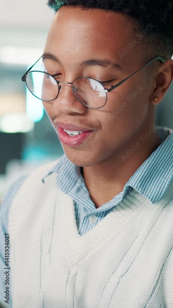 Poster Office, businessman and smile with tablet for research, reading information and ux developer. Career, male person and web designer with digital for connection, software update and happiness for seo