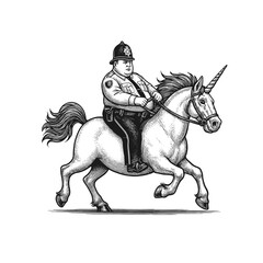 Vintage Illustration of Policeman Riding a Unicorn, drawn in an engraved, woodcut style with fine details sketch engraving vector illustration. Scratch board imitation. Black and white image. 