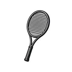 Hand-Drawn Illustration of a Tennis Racket, drawn in an engraved, woodcut style with fine details sketch engraving vector illustration. Scratch board imitation. Black and white image. flat vector 