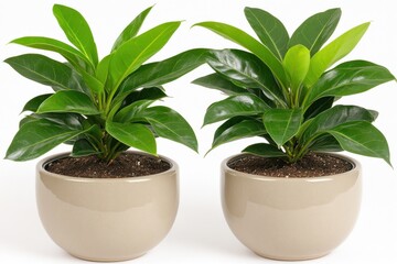 Obraz premium Two potted green plants with vibrant leaves in beige ceramic pots, isolated on white background.