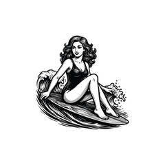 Hand-Drawn Illustration of Woman Surfing on a Wave, drawn in an engraved, woodcut style with fine details sketch engraving vector illustration. Scratch board imitation. Black and white image. 