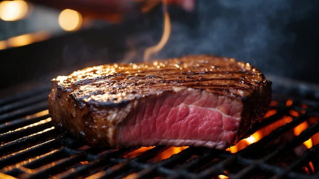 Dry Aged Wagyu Tomahawk Steak Barbecue on Charcoal Grill with Fire and Smoke Close-Up