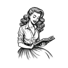 Vintage woman reading book, drawn in an engraved, woodcut style with fine details sketch engraving vector illustration. Scratch board imitation. Black and white image. flat vector design
