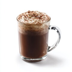 Hot cocoa with cream topping on white background