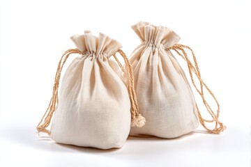 Two fabric pouches with drawstrings on white background