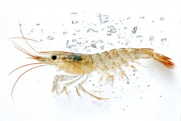 A prawn with bubbles floating on white background