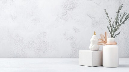 Elegant, minimalist display featuring delicate figurines and vases.  A soft, muted color palette and textured backdrop create a serene, sophisticated aesthetic