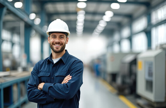 Smiling male engineer in work uniform, helmet stands at factory. Confident factory worker at industrial site, arms crossed. Foreman, technician in manufacturing, workplace, industrial job.