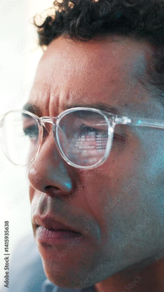 Aufkleber Man, glasses and computer with stress for coding, software development and problem solving. Reflection, programmer and frown in office for cybersecurity error, programming virus or thinking with tech