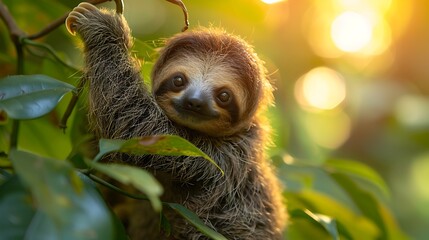 Naklejka premium Baby Sloth Hanging From Vine With Jungle Light Behind, Adorable Stillness