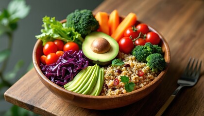 Fresh vegetarian buddha bowl with assorted raw ingredients avocado, tomatoes, broccoli, red cabbage, carrot, herbs. Healthy vegan meal, organic food on wooden table. Balanced nutrition, diet,
