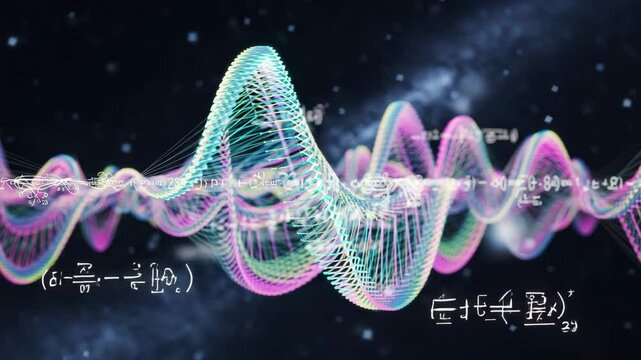 Abstract data wave wireframe, rainbow pastel, data visualization with fictional equations - Powered by Adobe