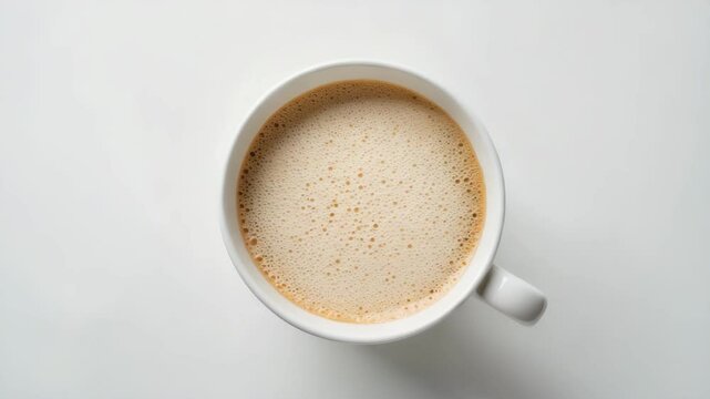 White cup with coffee or tea and milk on white background, top view.