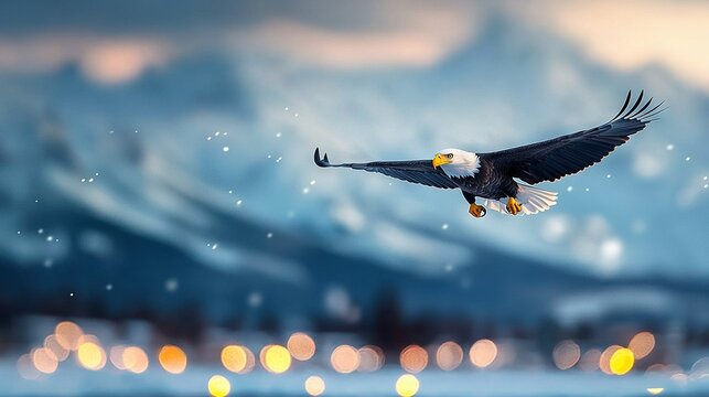   A bald eagle soars through the sky above a snow-capped mountain, with lights in the foreground and a majestic mountain range in the backdrop