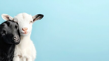 Fototapeta premium Black and white goats on a light blue background, heads touching