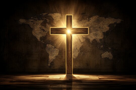 The title 'Global Faith' features a cross in dark silhouette against the backdrop of a world map