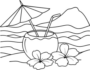 Beach Scene with Tropical Drink, Umbrella, and Hibiscus Flower Outline

