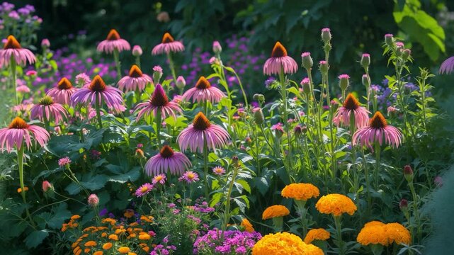 Vibrantly colored wildflower bed at Rose Garden featuring various flowers like pink cone flowers, echinops, and globe thistles.