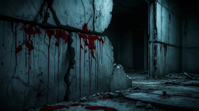 Horrific scene with bloody background on a damaged grungy crack and broken concrete wall featuring an empty dark room inside
